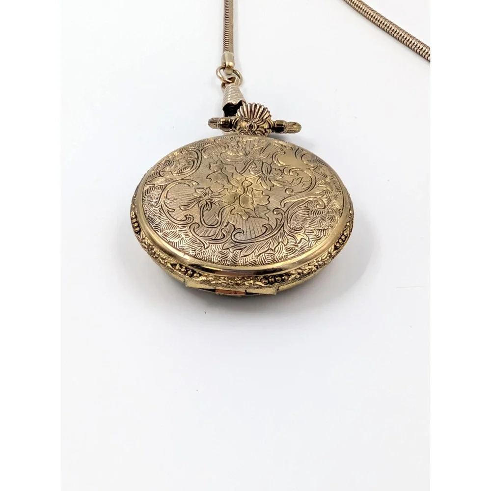 Vintage Train Pocket Watch Gold Tone Steam Engine‎ Snake Chain Steampunk